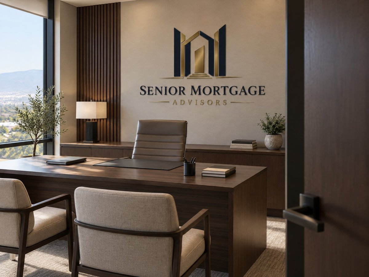 Modern office interior with Senior Mortgage Advisors logo on wall, desk, chairs, and scenic window view